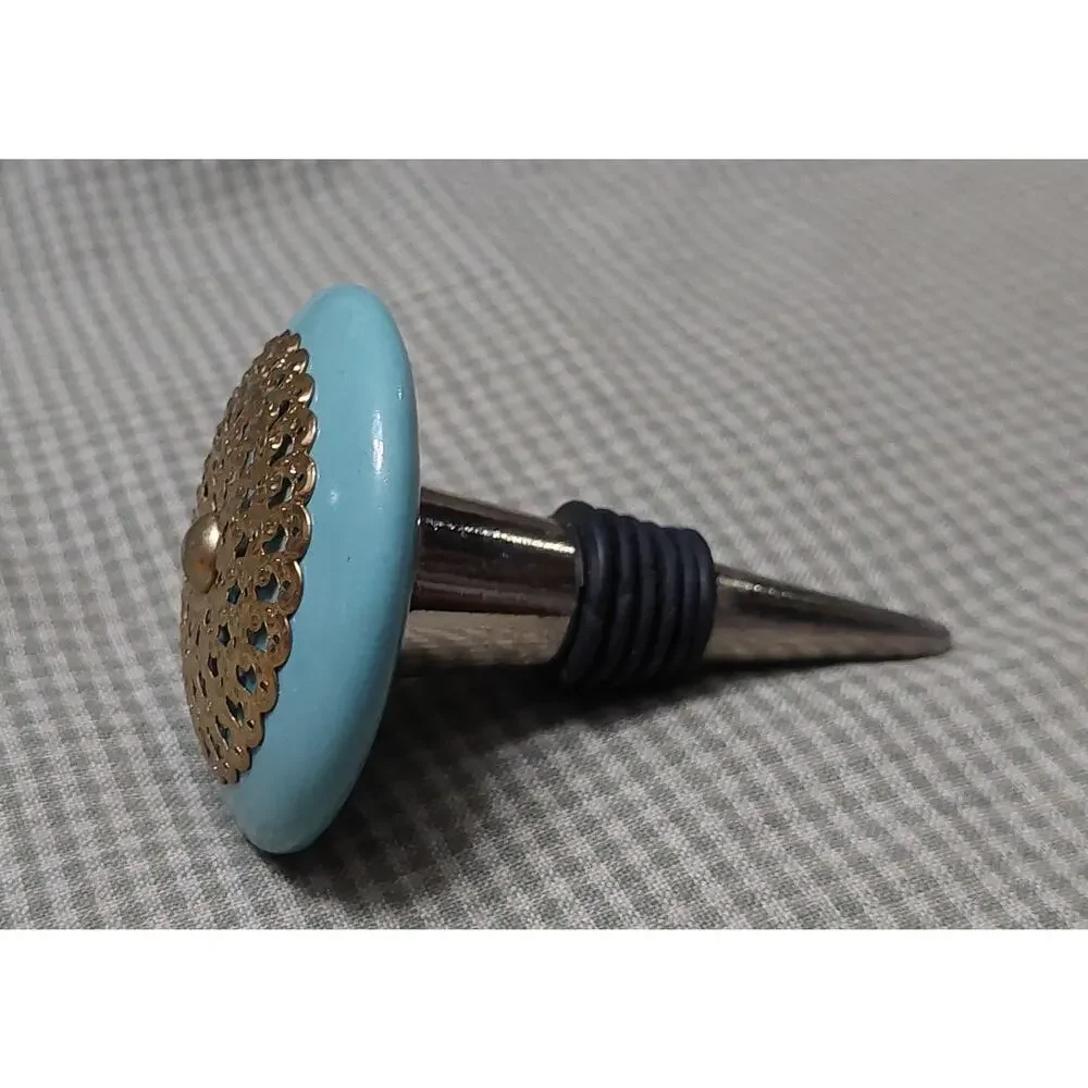 Vntg Sky Blue Turquoise w/ Goldtone Fillagree Inlay Ceramic Cork Wine Stopper